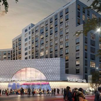 renderings of the Bronx Commons and Bronx Music Hall development courtesy of Danois Architects, WXY Architecture + Urban Design 